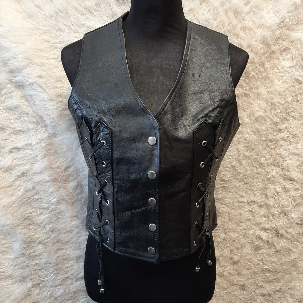 Leather King Women's Black Leather Weaving Detail Vest Size: M